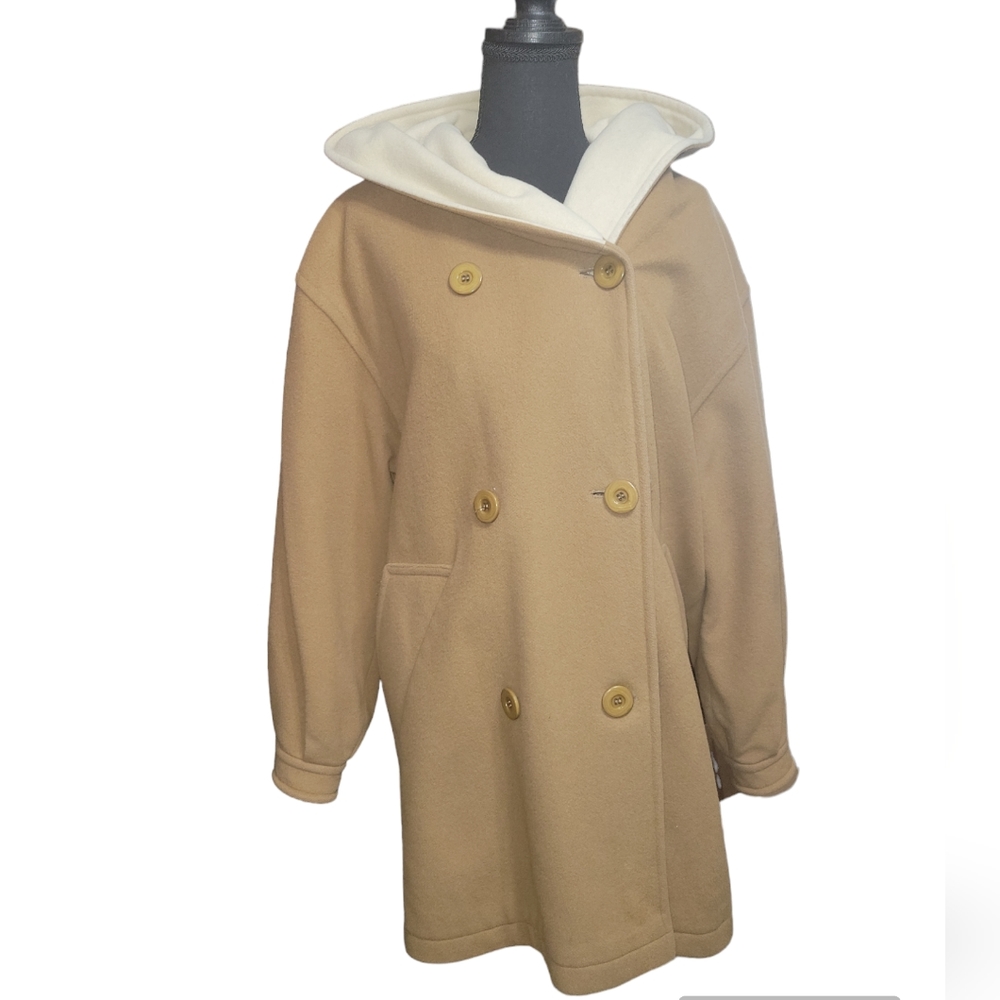 Vintage Menuetto Caramel Cream Cashmere Blend wool hooded Coat Measures L-XL